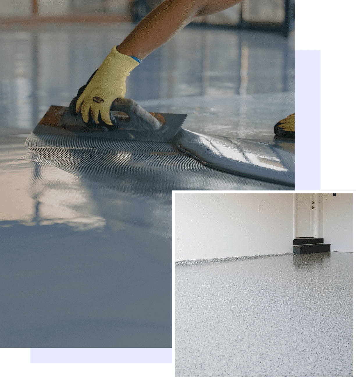Person applying epoxy resin coating on a floor with a roller.